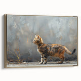 Framed canvas wall art featuring a whimsical cat design in vibrant colors, showcasing playful wildlife elements. The artwork is elegantly bordered in gold, adding a touch of sophistication, perfect for animal lovers and home decor enthusiasts.