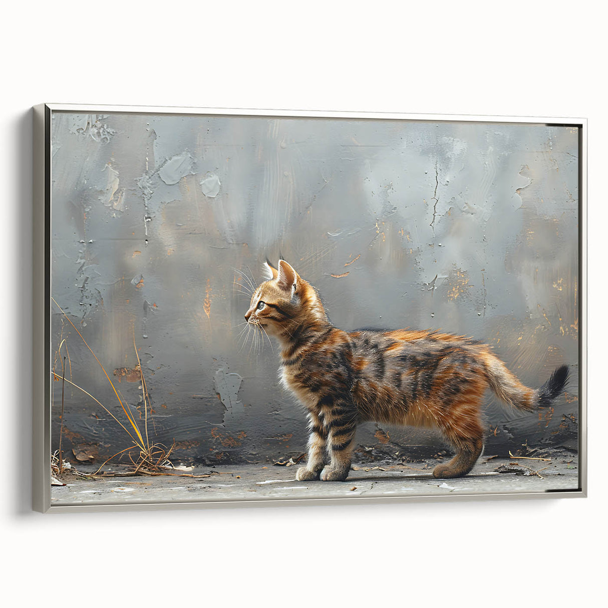 Framed wall art depicting a sleek silver cat design on canvas, showcasing intricate details and vibrant colors, perfect for animal lovers and modern decor.