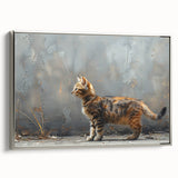 Framed wall art depicting a sleek silver cat design on canvas, showcasing intricate details and vibrant colors, perfect for animal lovers and modern decor.