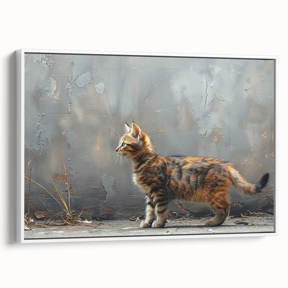 Framed canvas wall art featuring a whimsical cat design in a white frame, showcasing vibrant colors and playful patterns, perfect for animal lovers’ decor.