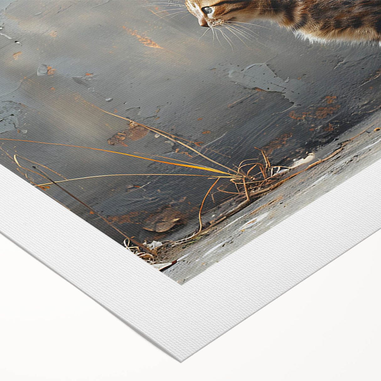 Rolled canvas showcasing a whimsical cat design in vibrant colors, perfect for animal lovers, ideal for home decor or a playful art collection.