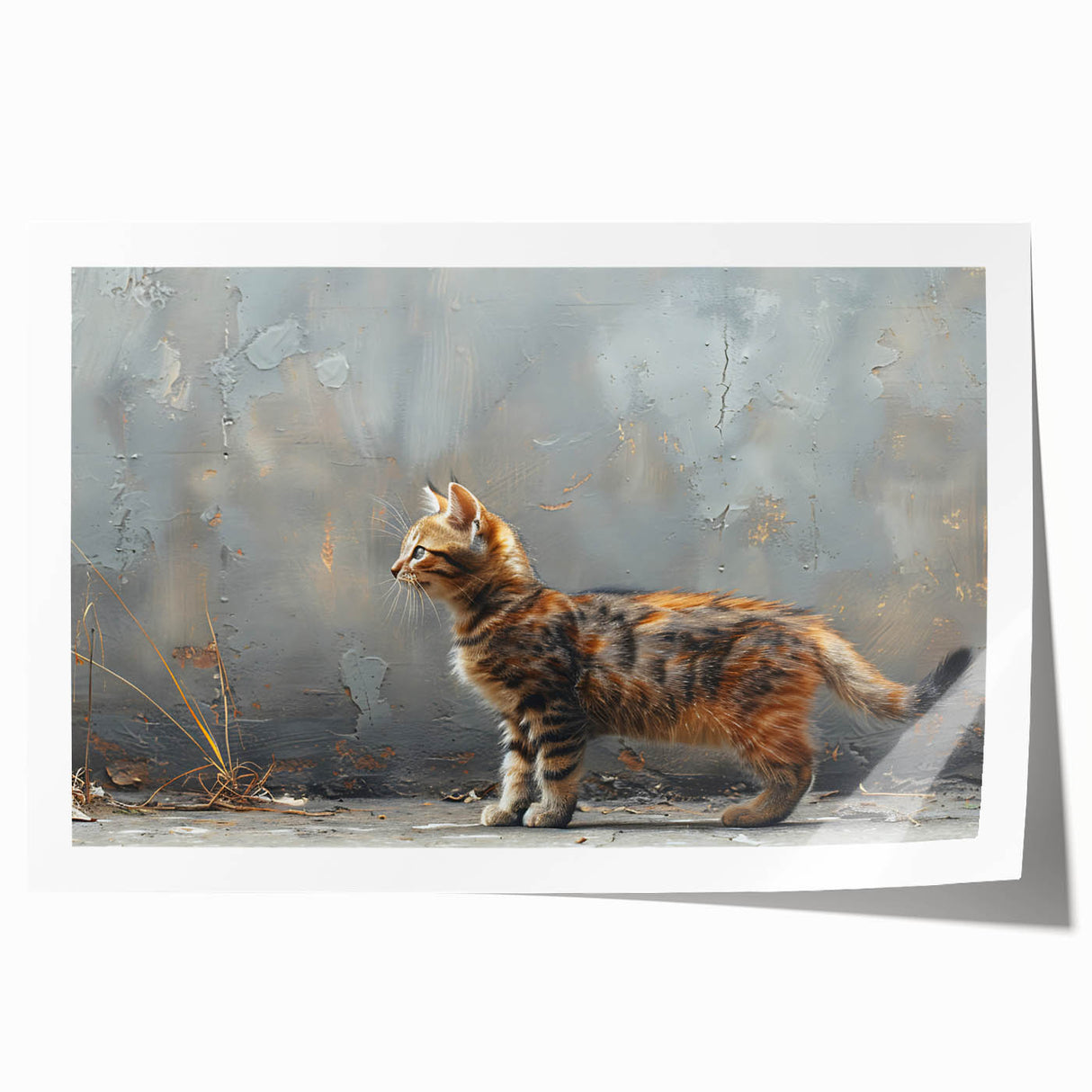 Stylish wall art print showcasing a whimsical cat design with vibrant colors, perfect for animal lovers, ideal for home decor or gifts.