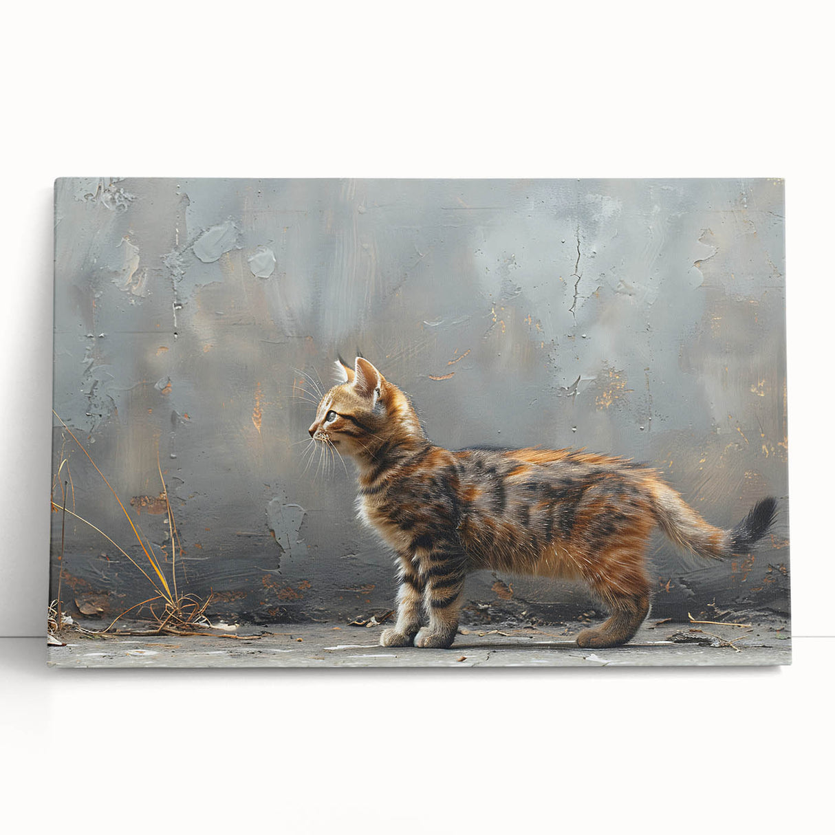 Stretched canvas wall art featuring a playful cat design in vibrant colors, perfect for animal lovers and home decor, showcasing a whimsical and artistic touch.