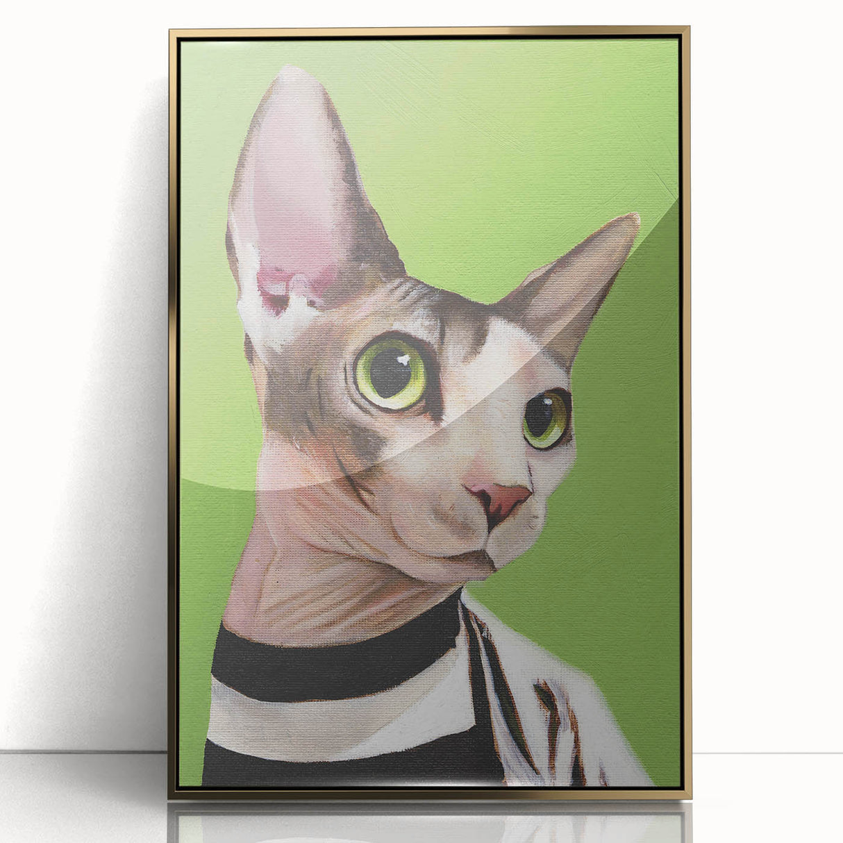 Framed wall art featuring a whimsical cat design with gold accents, showcasing vibrant colors and intricate details, perfect for animal lovers' home decor.