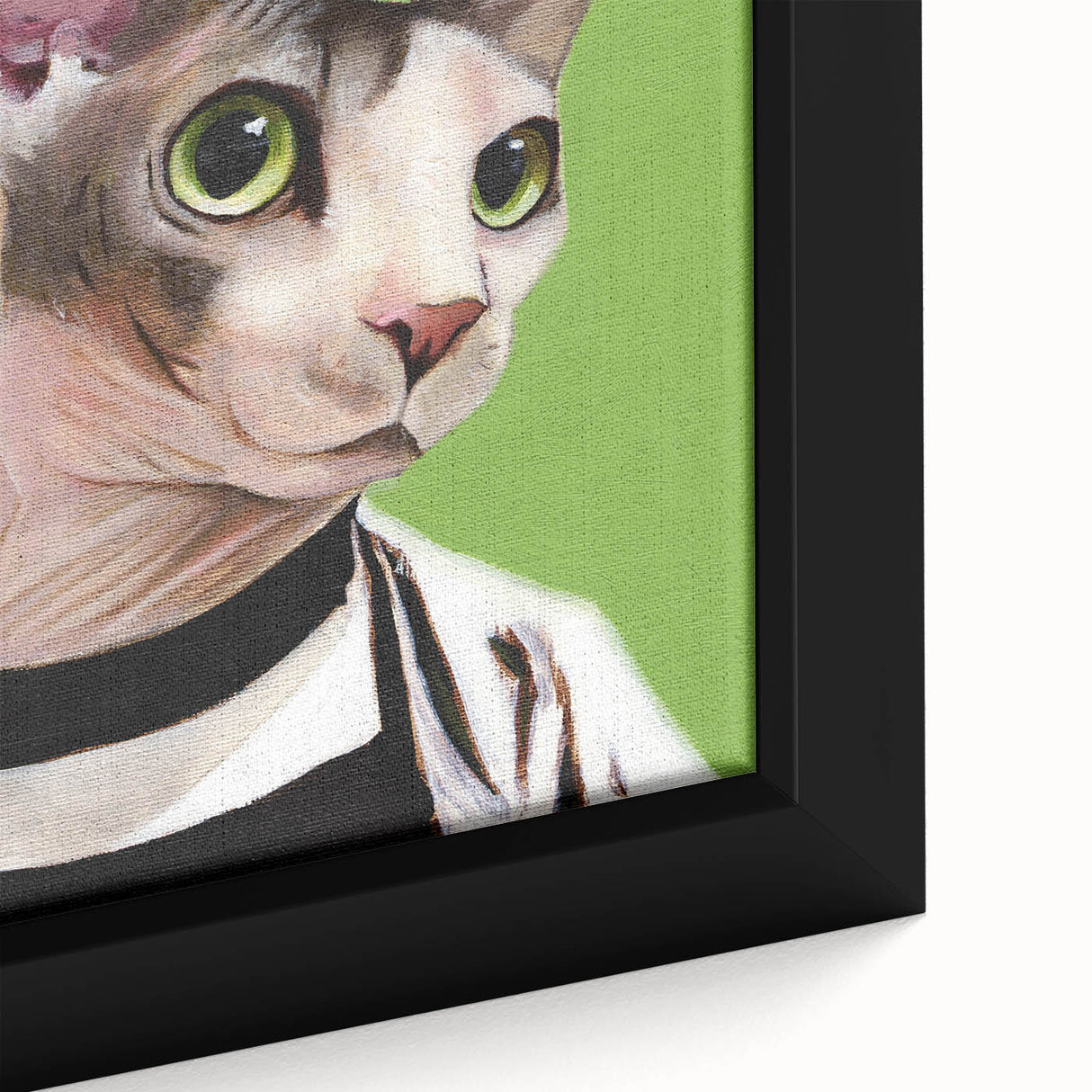 Close-up of a framed canvas wall art piece showcasing a vibrant cat design, featuring intricate details and bold colors, perfect for animal lovers and home decor.