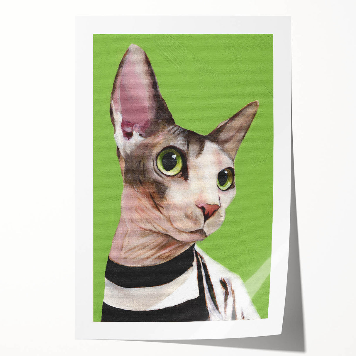 Colorful wall art print featuring a stylized cat design inspired by wildlife, rolled and ready for display, showcasing vibrant hues and intricate patterns. Perfect for animal lovers and home decor enthusiasts.