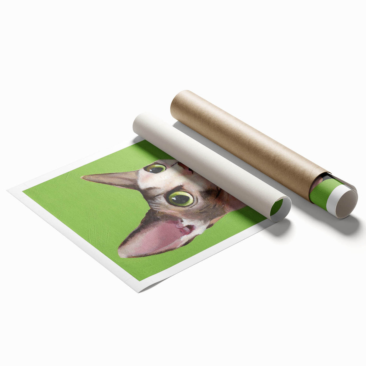 Colorful wall art print featuring a whimsical cat design with intricate patterns, rolled for easy shipping and display, ideal for animal lovers and home decor.