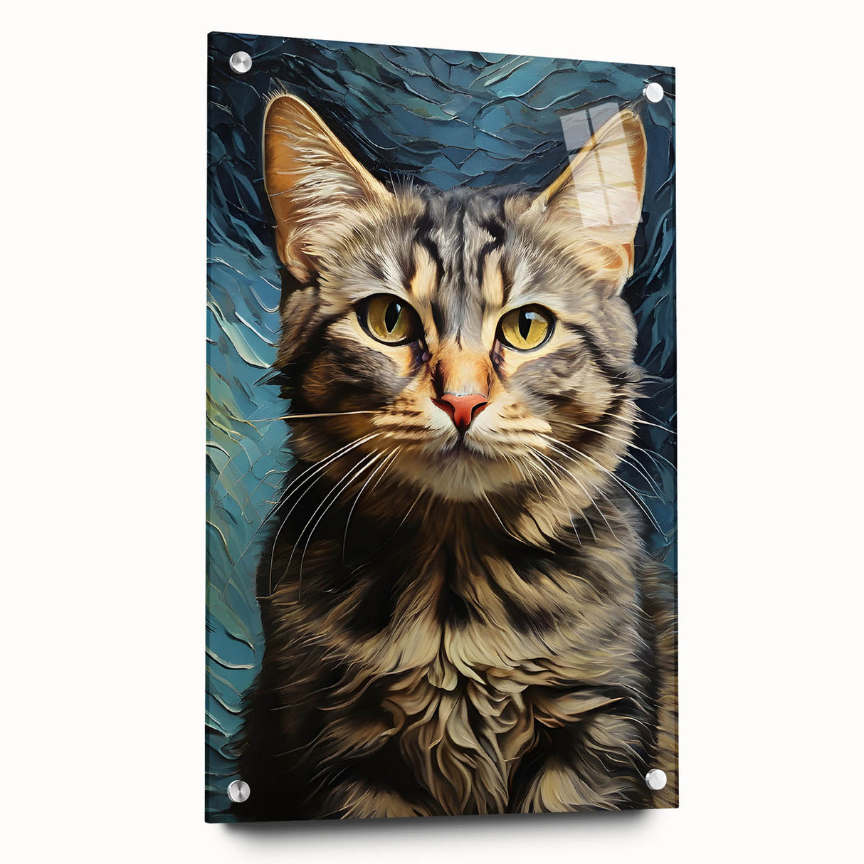 Acrylic glass wall art featuring a side view of a colorful wild cat design, elegantly displayed with pins, perfect for animal lovers and modern decor enthusiasts.