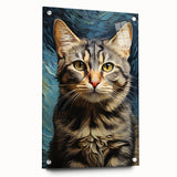 Acrylic glass wall art featuring a side view of a colorful wild cat design, elegantly displayed with pins, perfect for animal lovers and modern decor enthusiasts.