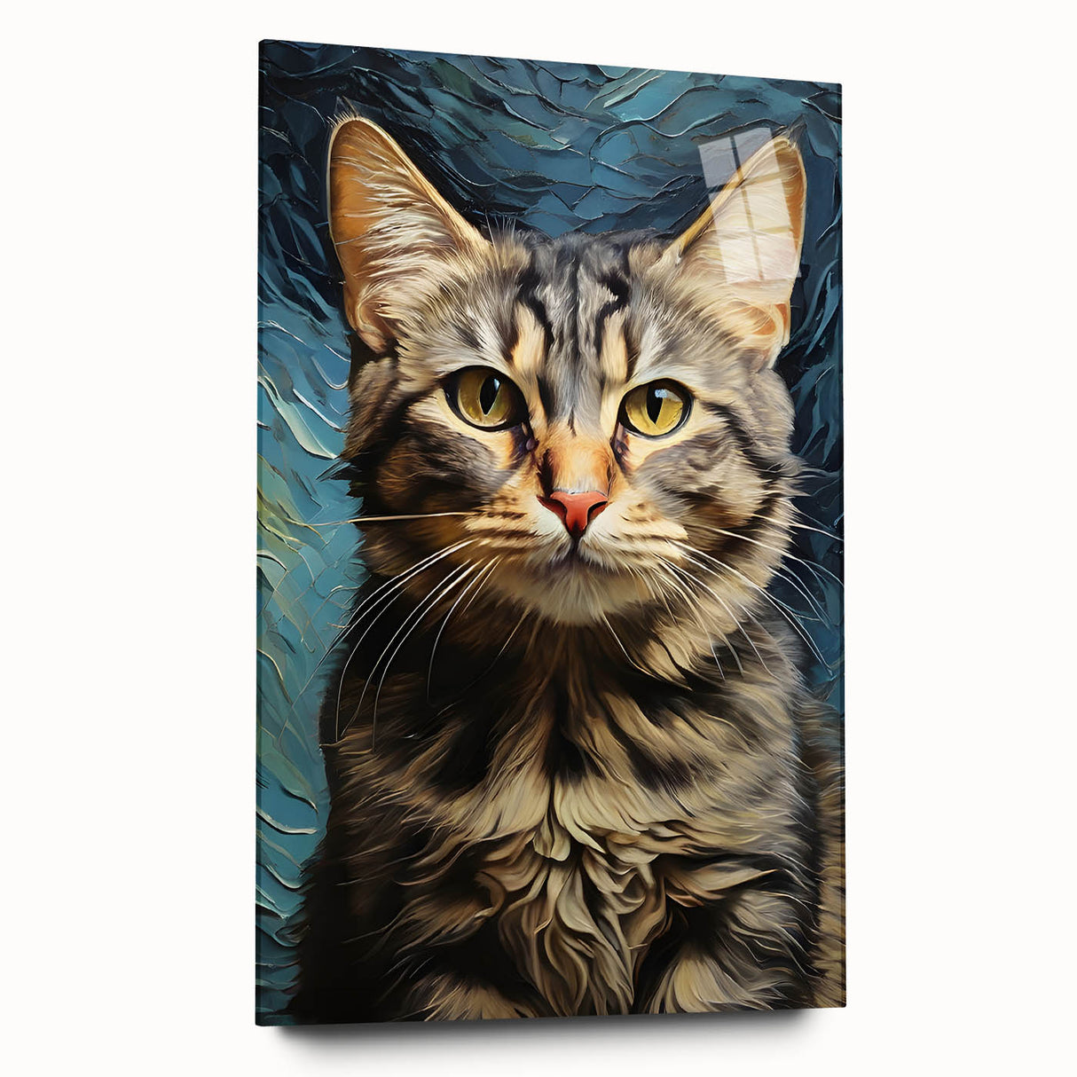 Acrylic glass wall art featuring a whimsical cat design from the "Animals a Wild Life" collection, showcased in a side view without pins, highlighting vibrant colors and playful details. Perfect for enhancing home decor with a touch of nature-inspired charm.