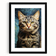 Framed wall art featuring a stylized black cat design, set against a white background, perfect for animal lovers and modern decor enthusiasts. The sleek black frame enhances the artwork's contemporary appeal, making it an ideal addition to any living space or office.