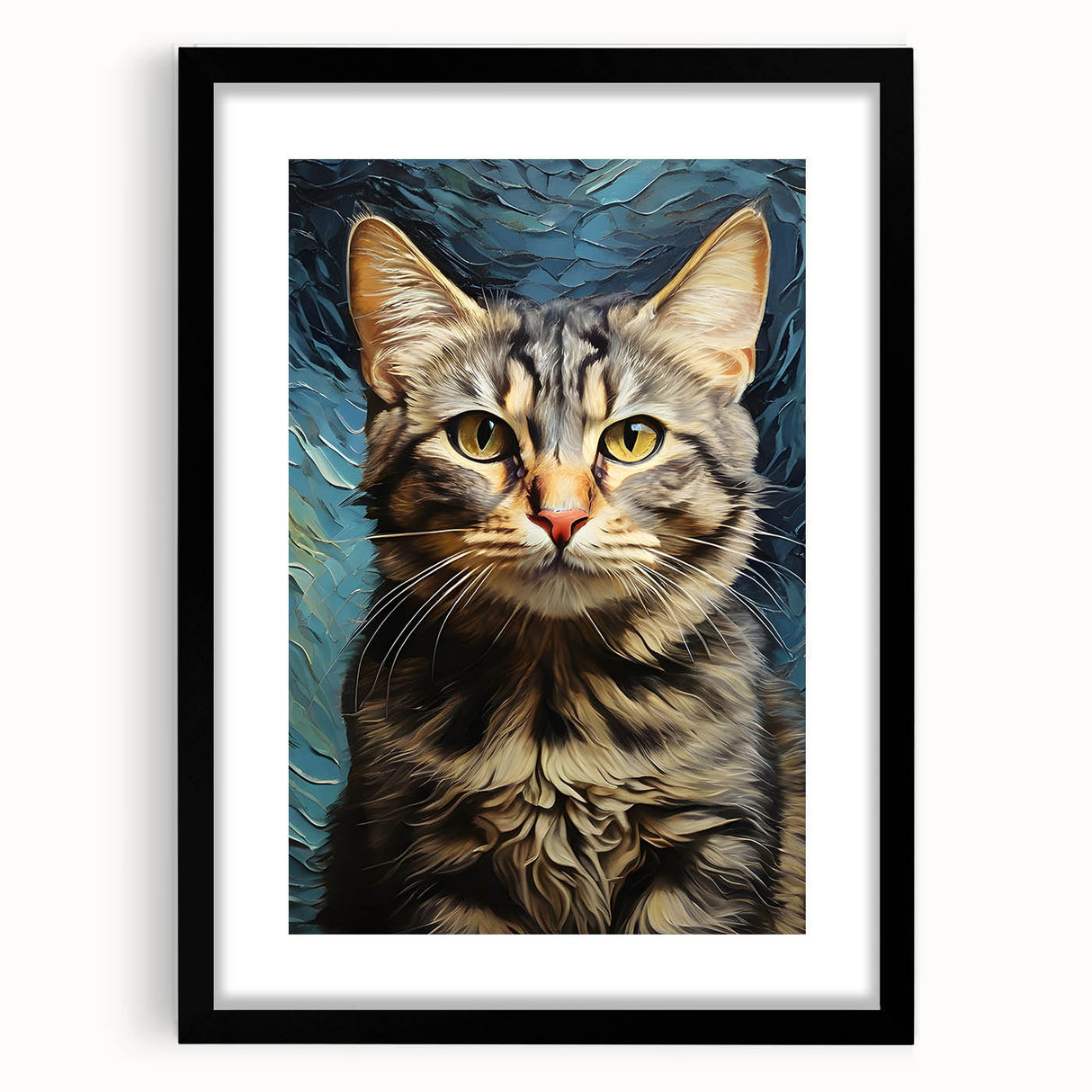 Framed wall art featuring a stylized black cat design, set against a white background, perfect for animal lovers and modern decor enthusiasts. The sleek black frame enhances the artwork's contemporary appeal, making it an ideal addition to any living space or office.
