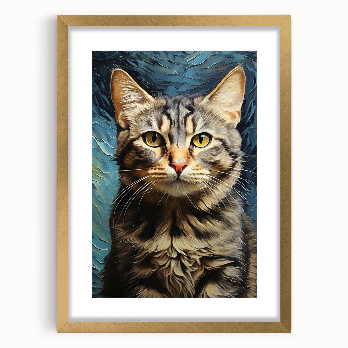 Framed wall art showcasing a whimsical cat design, featuring a gold frame with a mat, perfect for adding a playful touch to any decor. Ideal for animal lovers and home styling.