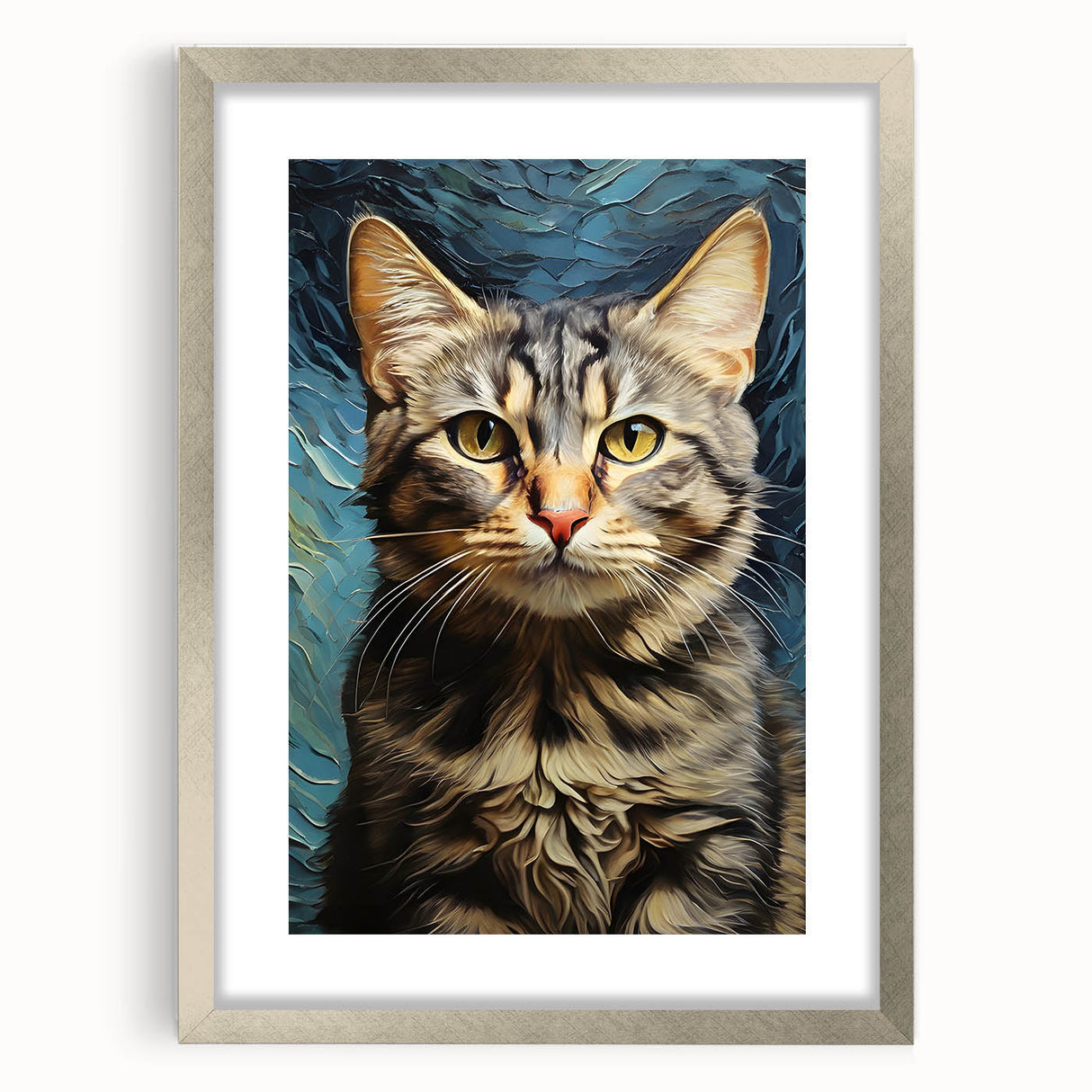 Framed wall art showcasing a whimsical cat design, presented in a sleek silver frame with a mat. Perfect for animal lovers seeking unique home decor.