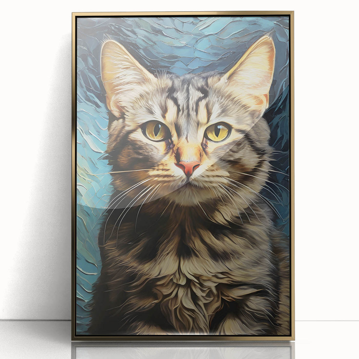 Framed acrylic wall art showcasing a stylish cat design with gold accents, ideal for modern decor. Captivating animal-themed artwork adds elegance to any space.