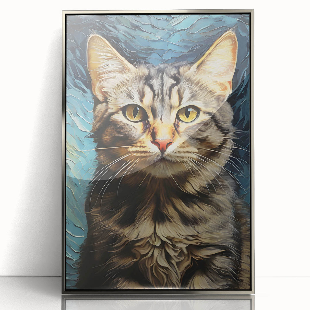 Framed acrylic wall art featuring a vibrant cat design from the Animals A Wild Life collection, showcasing a silver frame and modern aesthetic for stylish decor.