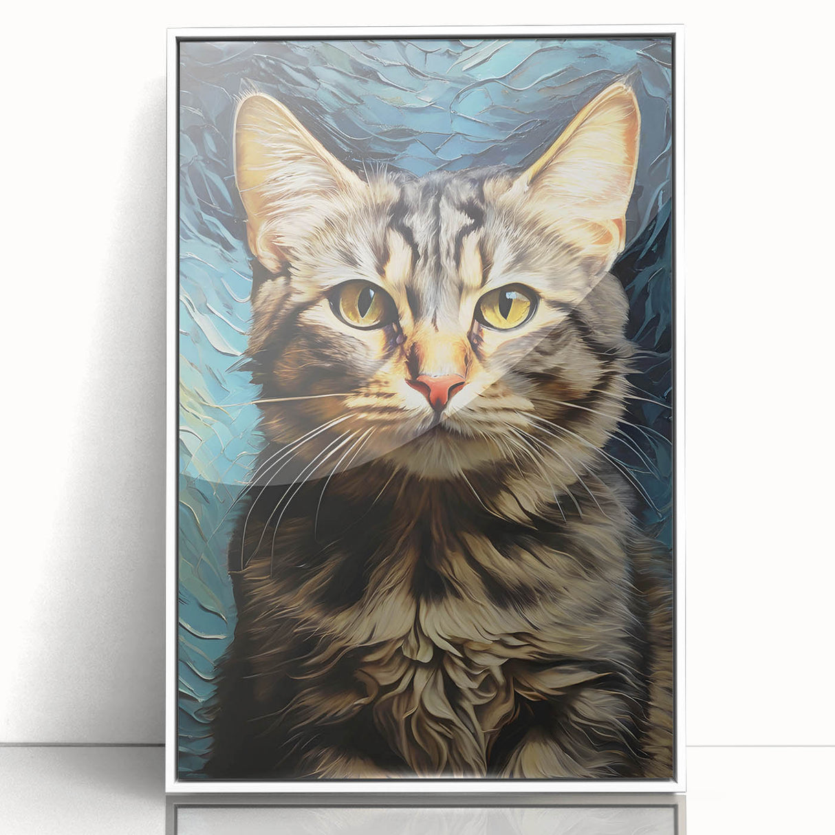 Framed acrylic wall art showcasing a whimsical cat design in vibrant colors, set against a white background, ideal for animal lovers and home decor enthusiasts.