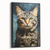 Framed wall art featuring a striking cat design, showcasing intricate details and vibrant colors. The artwork is presented in a sleek black frame, enhancing its modern aesthetic. Ideal for animal lovers and home decor enthusiasts seeking a unique statement piece.