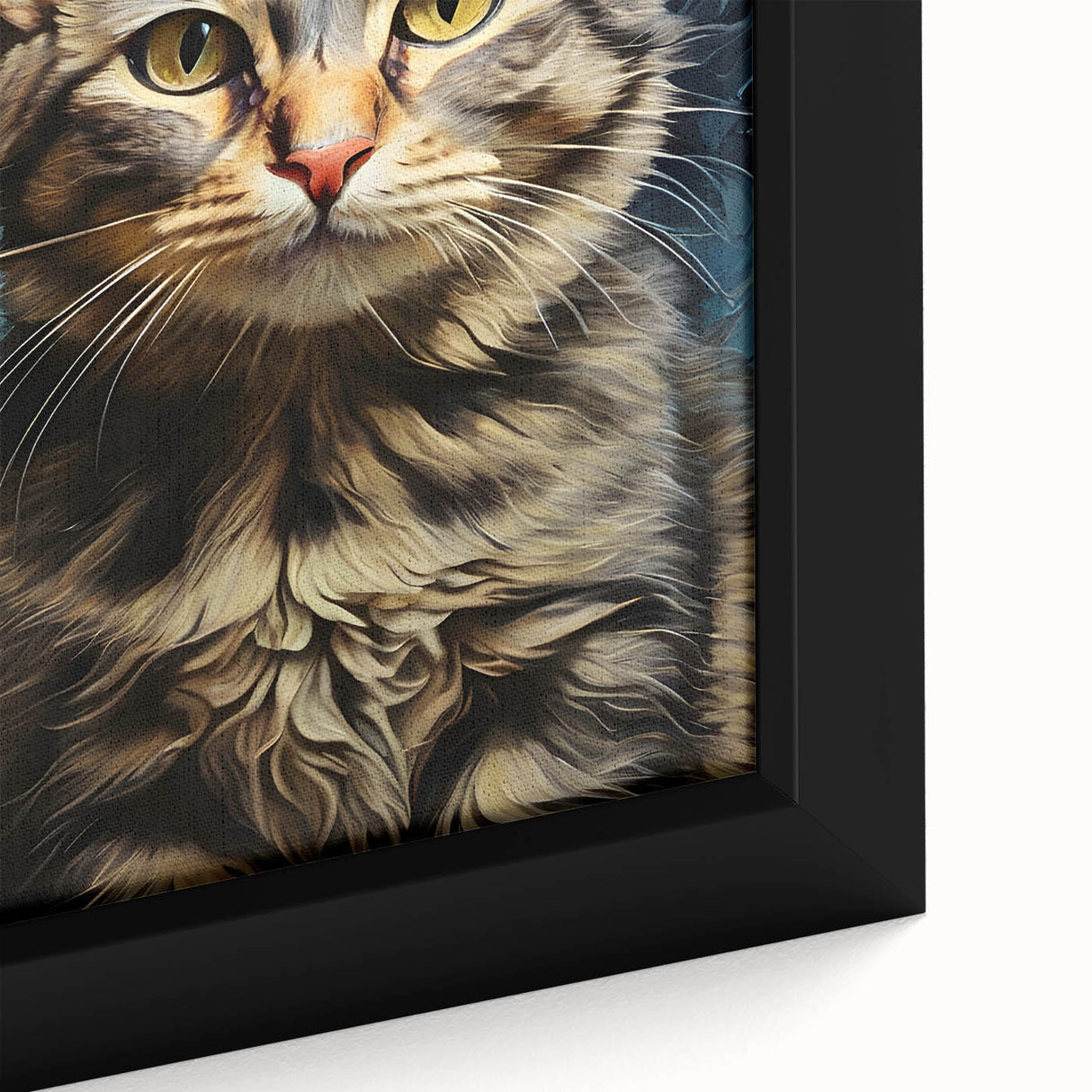 Close-up of a framed canvas featuring a striking wild cat design, showcasing vibrant colors and intricate details, perfect for animal lovers and home decor enthusiasts.
