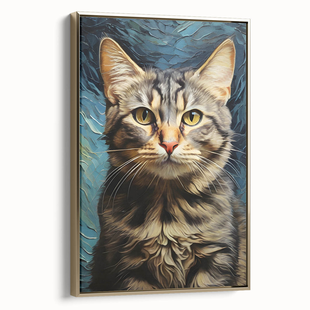 Framed wall art featuring a stylish cat design with gold accents, set against a textured background. Perfect for animal lovers and modern decor enthusiasts.
