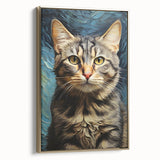 Framed wall art featuring a stylish cat design with gold accents, set against a textured background. Perfect for animal lovers and modern decor enthusiasts.