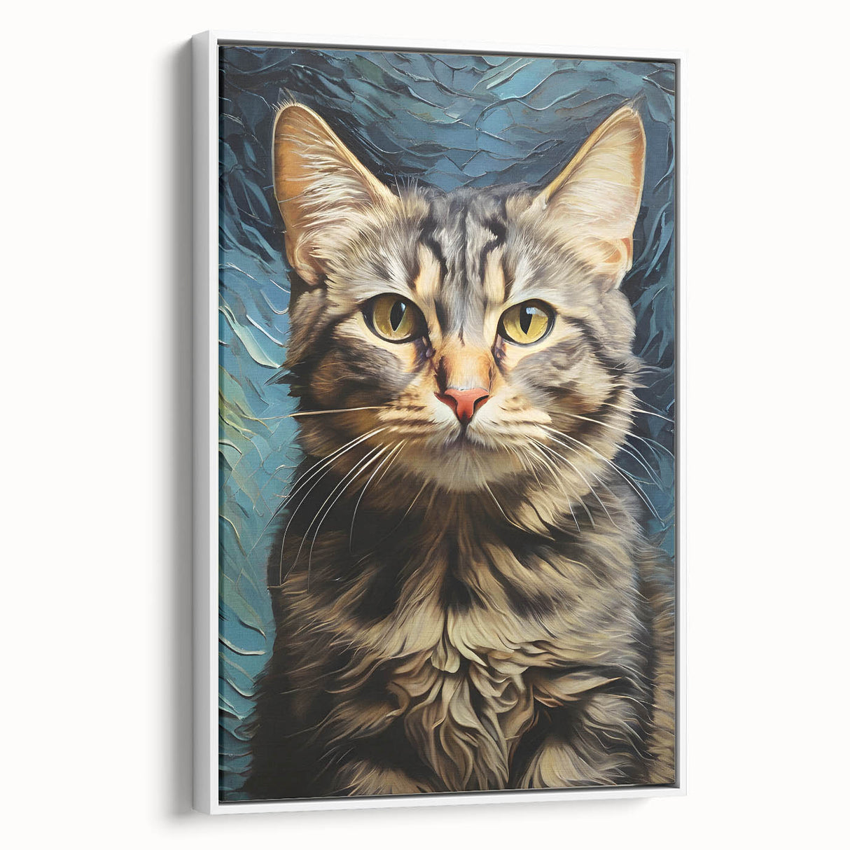 Framed canvas wall art featuring a whimsical cat design set against a white background, perfect for adding a playful touch to home decor.
