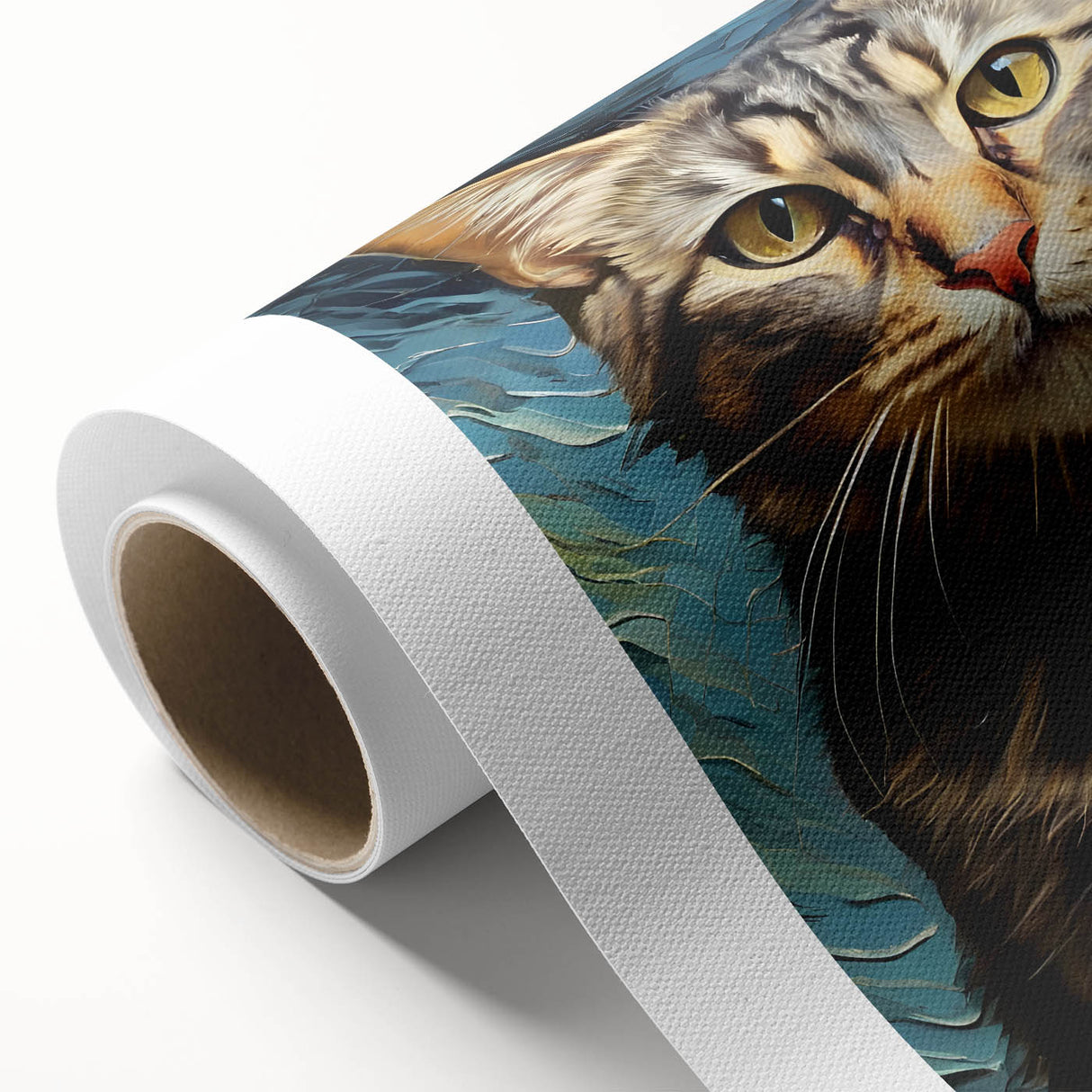 Colorful rolled canvas artwork showcasing a whimsical cat design, featuring vibrant hues and playful patterns, perfect for home decor or a cat lover's collection.