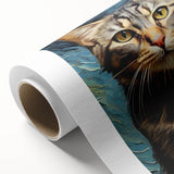 Colorful rolled canvas artwork showcasing a whimsical cat design, featuring vibrant hues and playful patterns, perfect for home decor or a cat lover's collection.