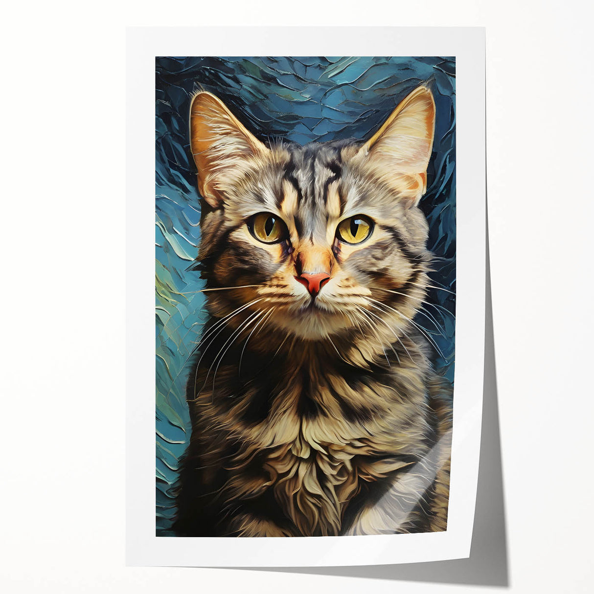 Vibrant rolled print showcasing a whimsical cat design in a wild animal theme, perfect for home decor. Features rich colors and artistic detail, ideal for cat lovers.