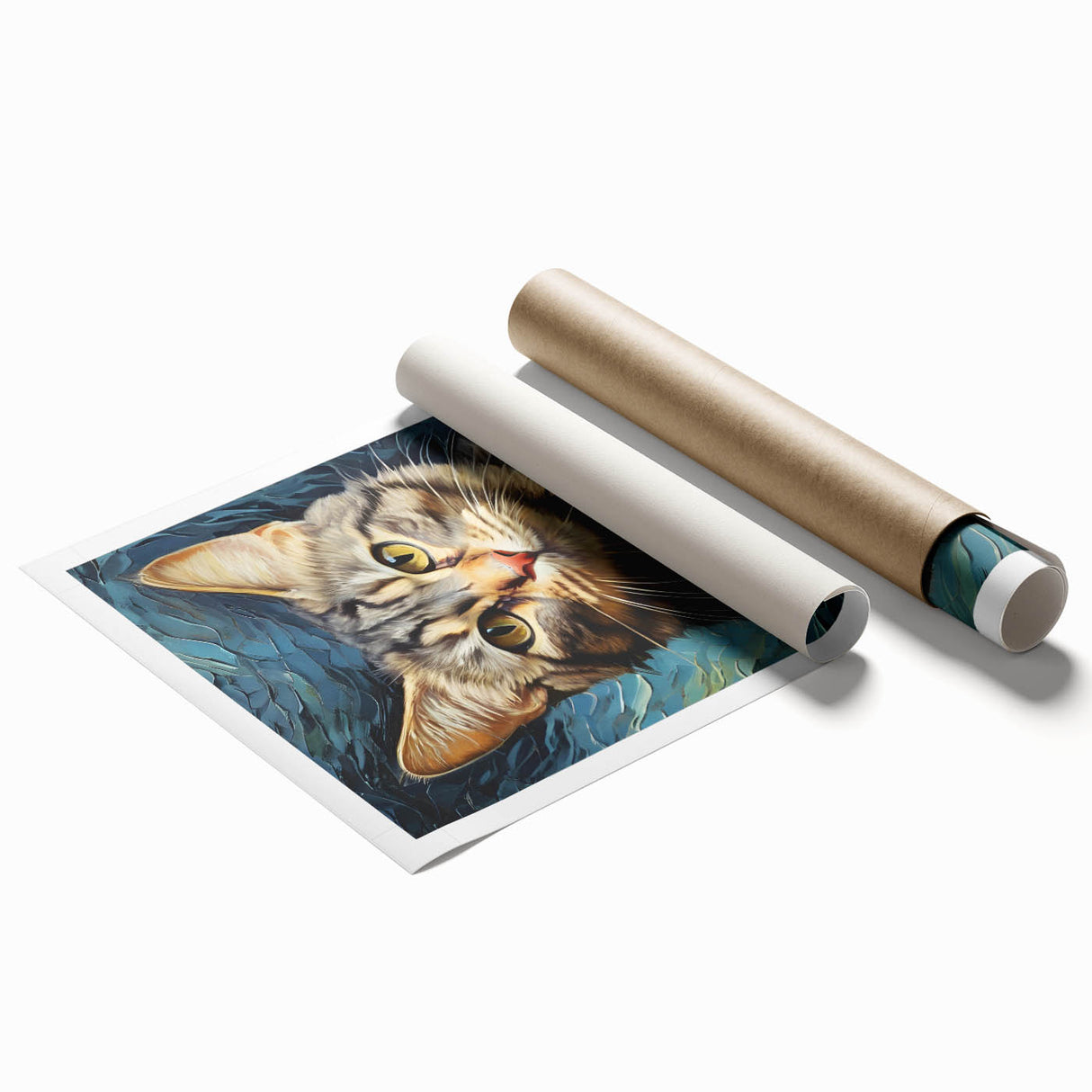 Wildlife-themed wall art featuring a colorful cat design, printed on high-quality canvas, rolled and packaged in a durable cardboard tube for safe delivery.