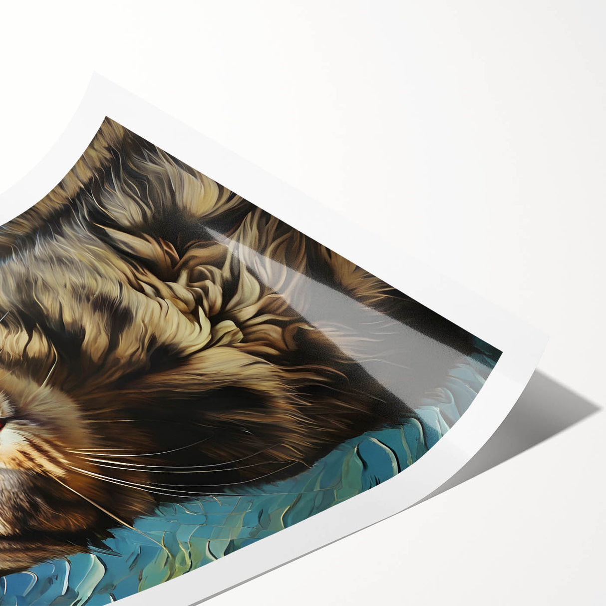 Rolled print showcasing a vibrant abstract cat design, featuring bold colors and intricate patterns, ideal for enhancing home decor or art collection.