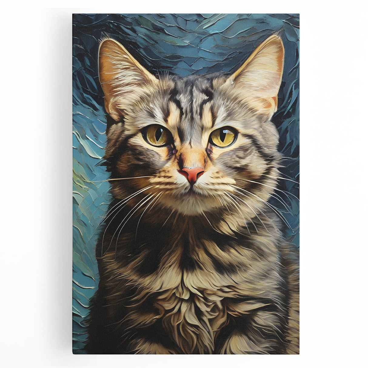 Stretched canvas wall art showcasing a whimsical cat design in vibrant colors, perfect for animal lovers and home decor enthusiasts, displayed in a bright setting.