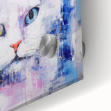 Close-up of a vibrant acrylic glass wall art piece featuring a wild cat design, showcasing intricate colors and details, perfect for animal lovers and home decor enthusiasts.
