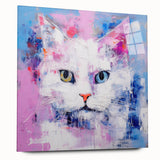 Acrylic wall art featuring a captivating cat design, showcasing intricate patterns and vibrant colors, displayed from a side view without pins, perfect for animal lovers.