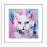 Framed wall art featuring a whimsical cat design in a white mat, showcasing vibrant colors and playful details, perfect for animal lovers’ decor.