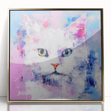 Framed wall art showcasing a vibrant gold-accented cat design, ideal for animal lovers, set against a sleek acrylic background for modern decor.