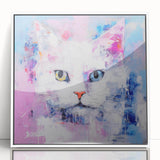 Framed acrylic wall art featuring a whimsical cat design, set against a sleek white background, ideal for adding a playful touch to home decor. Perfect for animal lovers.
