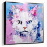 Framed canvas wall art depicting a whimsical cat design in vibrant colors, showcasing a black frame and side view, ideal for animal lovers and home decor.