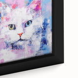Close-up of a framed wall art canvas featuring a vibrant cat design, showcasing intricate details and rich colors, perfect for animal lovers and home decor enthusiasts.