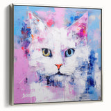 Framed canvas wall art featuring a whimsical cat design in a silver frame, showcasing vibrant colors and playful details, perfect for animal lovers' decor.