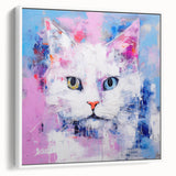 Framed canvas wall art showcasing a whimsical cat design in a vibrant, colorful style, perfect for animal lovers. The artwork includes a white frame, enhancing its modern appeal.