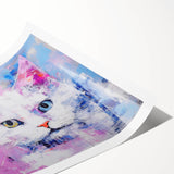 Vibrant wall art featuring a whimsical cat design, showcasing bold colors and intricate details, ideal for animal lovers and home decor enthusiasts.