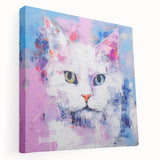 Stretched canvas wall art showcasing a vibrant cat design with intricate details, perfect for animal lovers, displayed in a side view. Ideal for home decor.