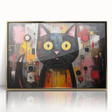 Framed wall art featuring a striking cat design, showcasing vibrant colors with a gold-acrylic finish, ideal for enhancing modern home decor.