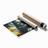 Rolled art print showcasing a whimsical cat design with vibrant colors, featuring playful illustrations in a modern style, perfect for animal lovers' decor.