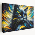 Stretched canvas wall art showcasing a vibrant cat design, featuring bold colors and intricate details, perfect for animal lovers and home decor enthusiasts.