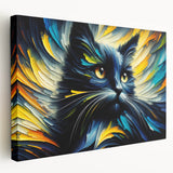 Stretched canvas wall art showcasing a vibrant cat design, featuring bold colors and intricate details, perfect for animal lovers and home decor enthusiasts.