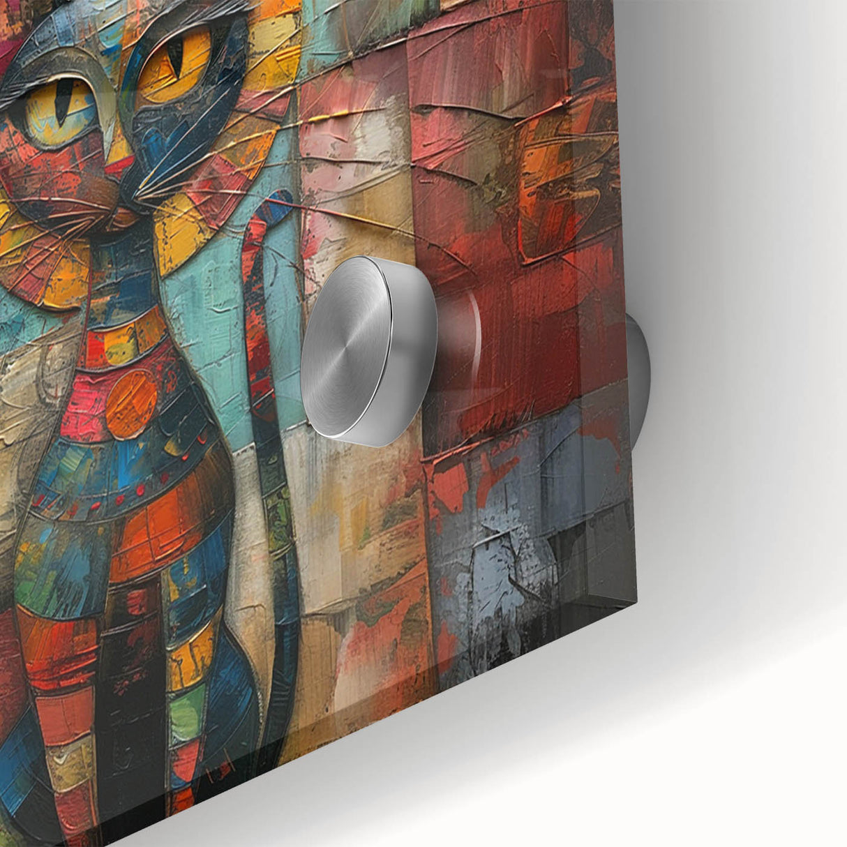 Close-up view of a vibrant wildcat wall art design showcasing intricate details and colors, printed on acrylic glass, ideal for animal-themed decor.