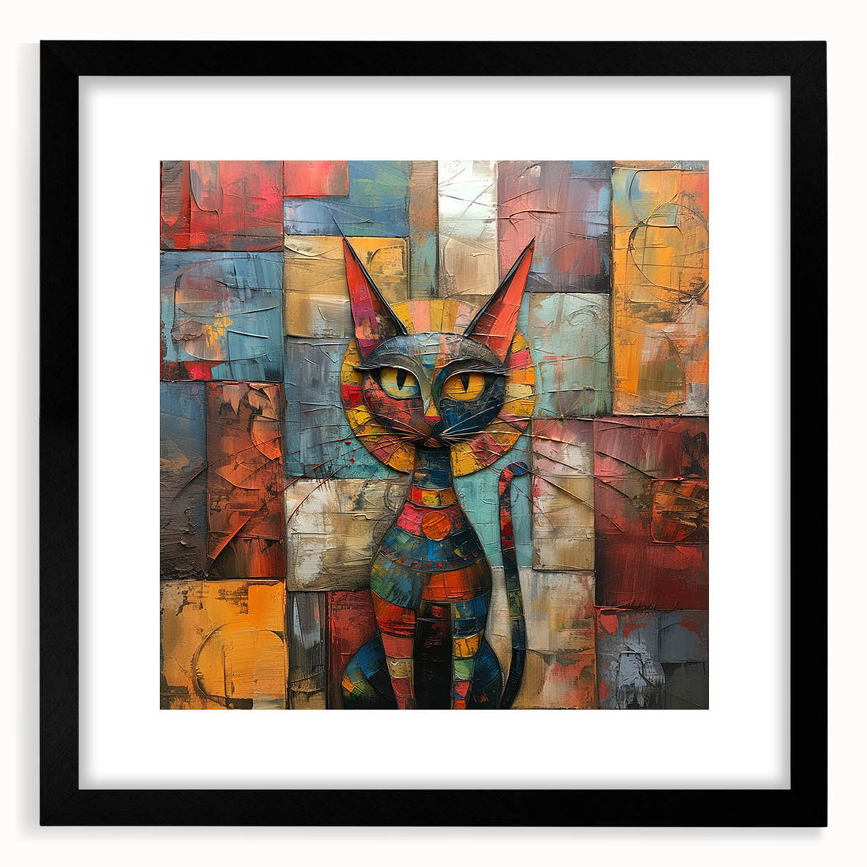 Framed wall art featuring a whimsical cat design from the "Animals A Wild Life" collection, showcasing a sleek black frame and mat, perfect for modern decor.