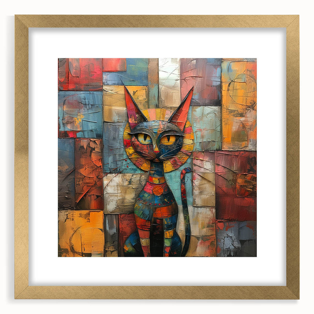 Gold-framed wall art featuring a whimsical cat design, showcasing vibrant colors and intricate details, perfect for adding a playful touch to any room decor.